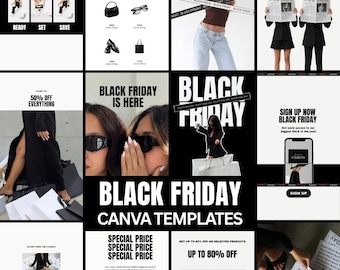 Pode incluir: Uma coleção de modelos Canva para a Black Friday com texto promocional, percentagens de desconto e imagens de moda. Os designs incluem tipografia arrojada, esquemas de cores a preto e branco e layouts para campanhas de marketing.