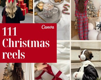 Pode incluir: Uma colagem digital com imagens de Natal, incluindo uma pessoa com um laço vermelho, biscoitos de gengibre, uma caneca com texto, pijama xadrez, um presente com fita vermelha e acessórios de inverno com o texto 111 Christmas reels.