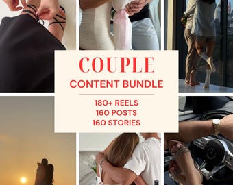 Pode incluir: Um pacote de conteúdo digital com o texto COUPLE CONTENT BUNDLE, 180+ REELS, 160 POSTS, 160 STORIES. A imagem exibe uma colagem de seis fotografias mostrando casais em vários cenários, incluindo uma praia, um carro e ambientes internos.