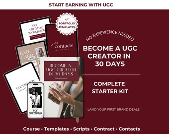 Pode incluir: Imagem promocional com fundo bordô com smartphone, tablets e livro. O texto diz "Torne-se um Criador UGC em 30 dias" e "Kit inicial completo". A imagem promove um curso com modelos, scripts, contratos e contatos.