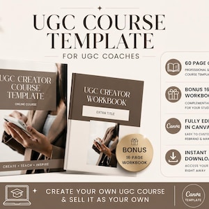 Op de afbeelding: Een digitale cursus-sjabloonset getiteld UGC COURSE TEMPLATE FOR UGC COACHES, bestaande uit een cursusboek en een werkboek. Het ontwerp bevat bruine en witte kleurblokken, tekst en iconen die een cursus van 60 pagina's, een bonuswerkboek van 16 pagina's en Canva-compatibiliteit beschrijven.