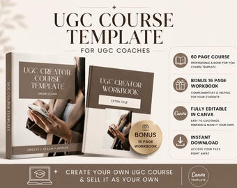 Pode incluir: Um conjunto de modelos de curso digital intitulado UGC COURSE TEMPLATE FOR UGC COACHES, apresentando um livro de curso e um caderno de exercícios. O design inclui blocos de cor castanha e branca, texto e ícones detalhando um curso de 60 páginas, um caderno bónus de 16 páginas e compatibilidade com Canva.
