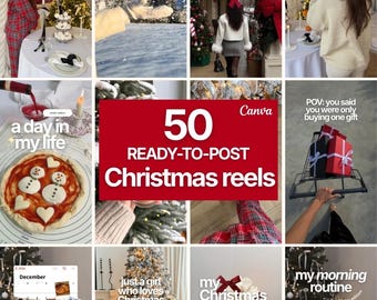 Pode incluir: Uma colagem de 12 imagens com conteúdo natalino e sobreposições de texto, incluindo 'hosting season is officially here', 'Winter bucket list', 'life lately', 'Christmas morning', 'a day in my life', '50 READY-TO-POST Christmas reels', 'POV: you said you were only buying one gift', 'just a girl who loves Christmas', 'my Christmas wishlist' e 'my morning routine'.