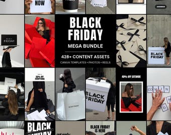 Pode incluir: Um pacote de conteúdo de marketing para a Black Friday com 428 ativos, incluindo modelos do Canva, fotos e reels. A coleção exibe vários gráficos promocionais, sacolas de compras e sinalizações com o texto Black Friday.