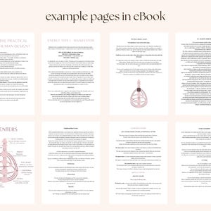 May include: A digital eBook spread featuring eight pages with text and diagrams. The title "example pages in eBook" is at the top. The pages cover topics like "What is the Practical Value of Human Design?" and "Energy Type 1: Manifestor."
