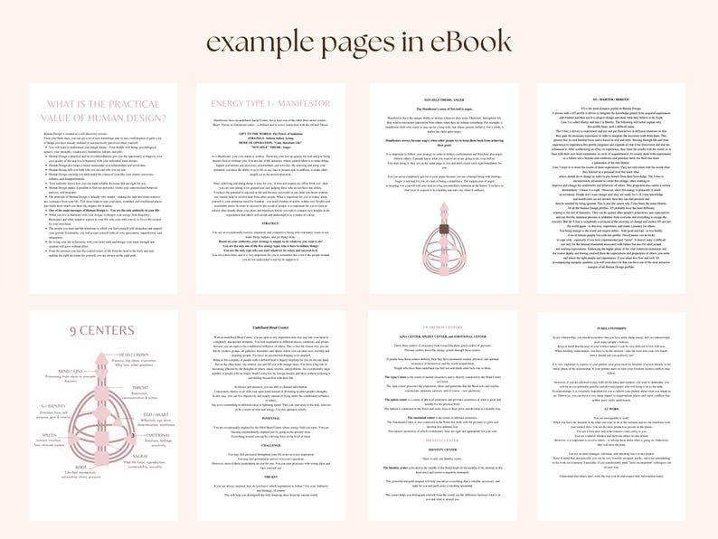 May include: A digital eBook spread featuring eight pages with text and diagrams. The title "example pages in eBook" is at the top. The pages cover topics like "What is the Practical Value of Human Design?" and "Energy Type 1: Manifestor."