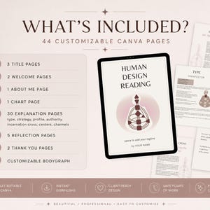 May include: A digital product mockup featuring a tablet displaying "Human Design Reading" with a bodygraph illustration. Additional pages showcase profile, type, and authority information. The design includes 44 customizable Canva pages.