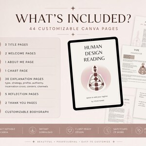 May include: A digital product mockup featuring a tablet displaying "Human Design Reading" with a bodygraph illustration. Additional pages showcase profile, type, and authority information. The design includes 44 customizable Canva pages.