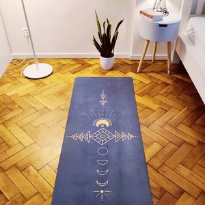 Yoga mat SYMBOLS, natural rubber mat, dark blue color yoga mat, excellent cushion yoga mat, best and most beautiful yoga mat