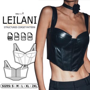 Puede incluir: Un patrón de corsé de cuero negro, llamado "Leilani", con un diseño estructurado. El patrón está disponible en las tallas S-M-L-XL-2XL y en los formatos PDF, A4, US y A0.