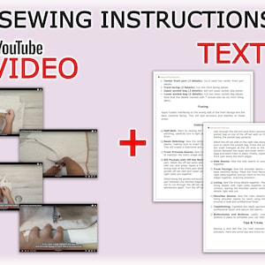 May include: Sewing instructions with a YouTube video tutorial and text instructions for making a garment with pockets. The text includes details about fusing, stitching, and finishing techniques. The image also shows a plus sign, indicating the combination of video and text instructions.