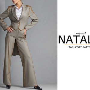 May include: A woman wearing a grey tailcoat with gold trim and matching trousers. The text "Natalie Tail-Coat Pattern" is visible on the right side of the image.