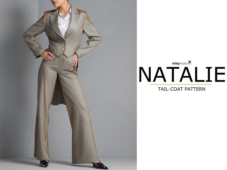 May include: A woman wearing a grey tailcoat with gold trim and matching trousers. The text "Natalie Tail-Coat Pattern" is visible on the right side of the image.