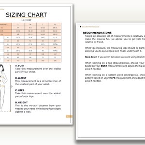 May include: Sizing chart for a Lily Vest with measurements in inches and centimeters. The chart includes bust, waist, hips, and height measurements for sizes S, M, L, and XL.  The chart also includes recommendations for taking accurate measurements.