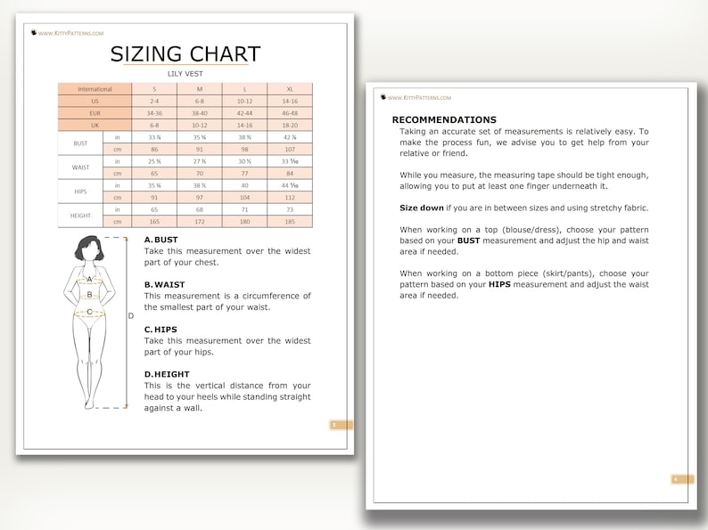 May include: Sizing chart for a Lily Vest with measurements in inches and centimeters. The chart includes bust, waist, hips, and height measurements for sizes S, M, L, and XL.  The chart also includes recommendations for taking accurate measurements.