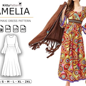 70s Maxi Dress Sewing Pattern: AMELIA Hippie Style (PDF Pattern)