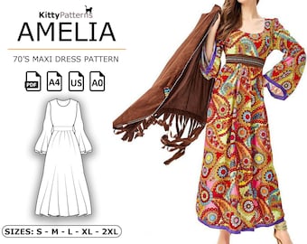 70s Maxi Dress Sewing Pattern: AMELIA Hippie Style (PDF Pattern)