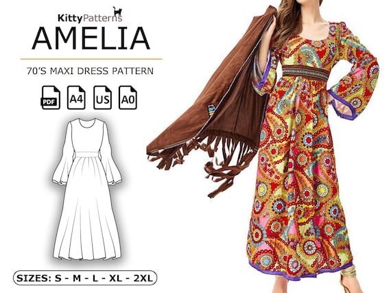 70s maxi dress sewing pattern Vintage 1970s Style Maxi Dress Pattern 4905 PDF Instant Digital Download A4  Size Print at Home Size 16 Bust 38"