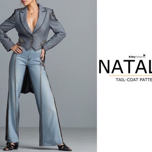 May include: A woman wearing a blue denim jacket with a long tail and matching blue denim trousers. The jacket has gold accents and the trousers have gold zips down the sides. The text "Natalie Tail-Coat Pattern" is visible in the image.