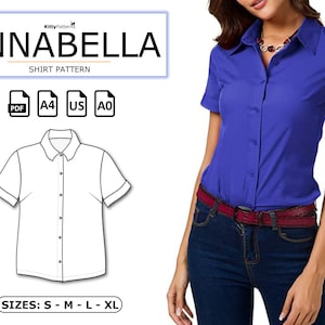 Op de afbeelding: Een digitaal naaipatroon voor een kort mouwig overhemd met knopen genaamd "Annabella" in de maten S-M-L-XL. Het patroon is beschikbaar in de formaten PDF, A4, US Letter en A0.