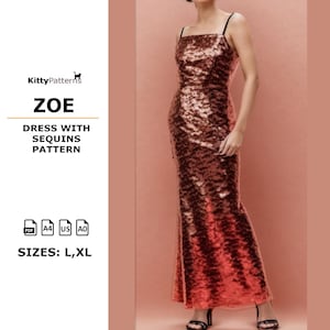 Puede incluir: Un vestido largo con lentejuelas en tonos cobrizos y rojos. El vestido presenta un escote cuadrado, finas tiras negras y una silueta ajustada que se ensancha en el bajo. La imagen incluye el texto "ZOE DRESS WITH SEQUINS PATTERN" y tallas L, XL.