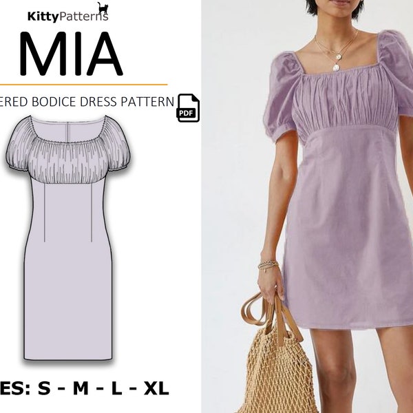 MIA - Gathered Bodice Dress Pattern - S,M,L,XL - Empire Waist Dress PDF - Gathered Bust Sewing Pattern - Womens Dress Pattern Download