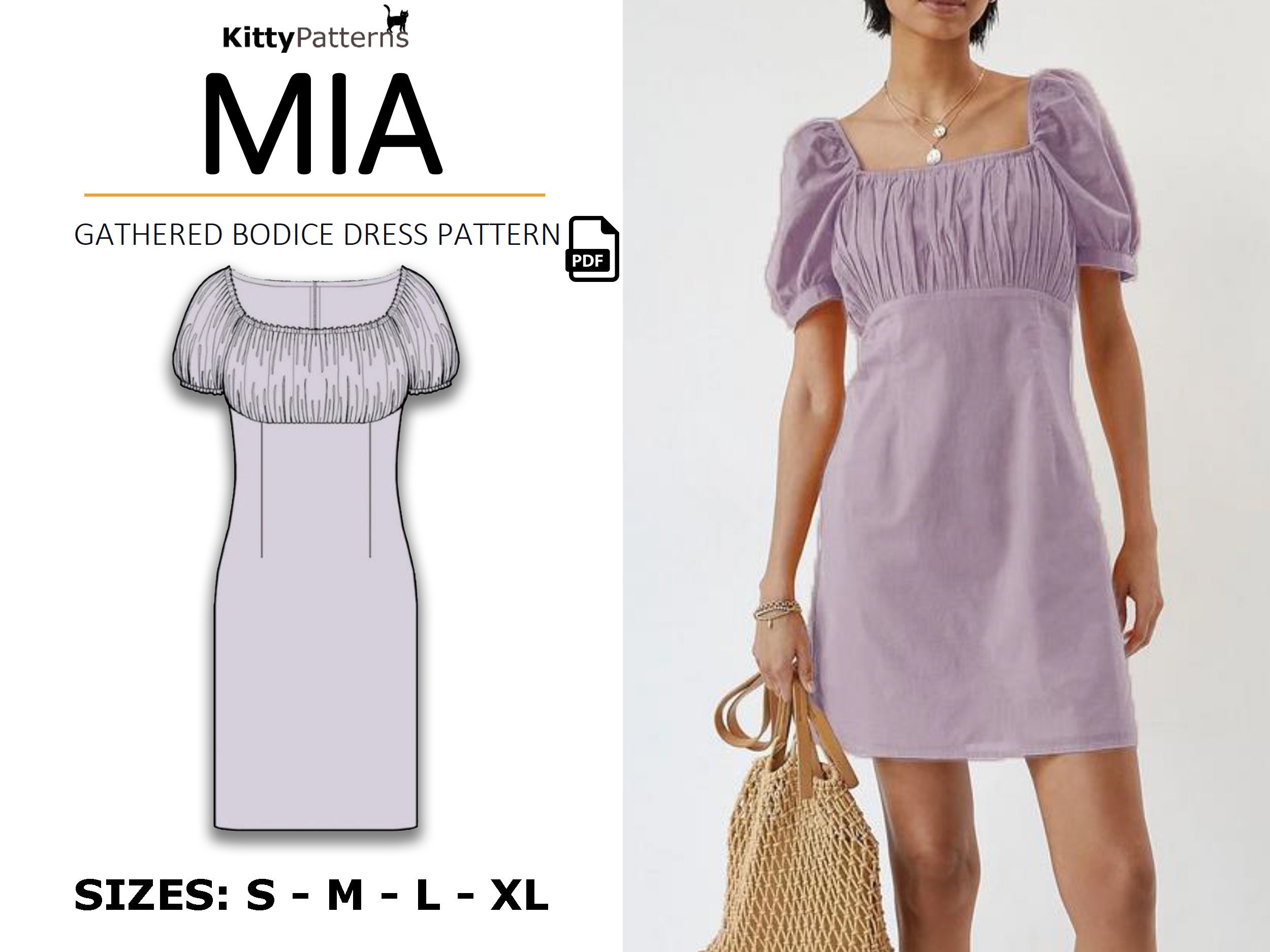 MIA Gathered Bodice Dress Pattern S M L XL Empire Waist Dress PDF Gathered Bust Sewing Pattern Womens Dress Pattern Download Etsy