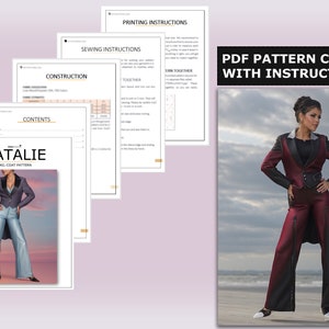May include: A PDF sewing pattern for a tailcoat with instructions. The pattern includes a black and white illustration of a woman wearing a red tailcoat and trousers. The text "PDF PATTERN COMES WITH INSTRUCTIONS" is displayed in the top right corner of the image.