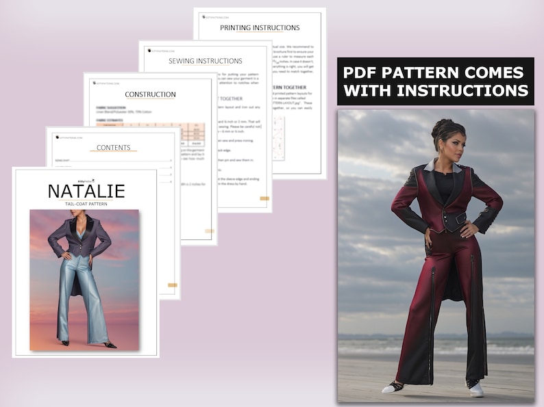 May include: A PDF sewing pattern for a tailcoat with instructions. The pattern includes a black and white illustration of a woman wearing a red tailcoat and trousers. The text "PDF PATTERN COMES WITH INSTRUCTIONS" is displayed in the top right corner of the image.