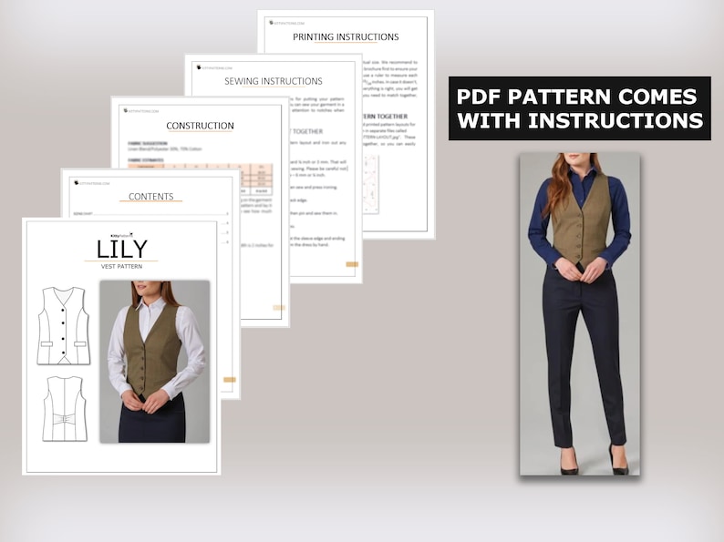 May include: A PDF sewing pattern for a vest called "Lily" with instructions for printing, sewing, and construction. The pattern includes a front and back view of the vest. The image also shows a model wearing the finished vest.