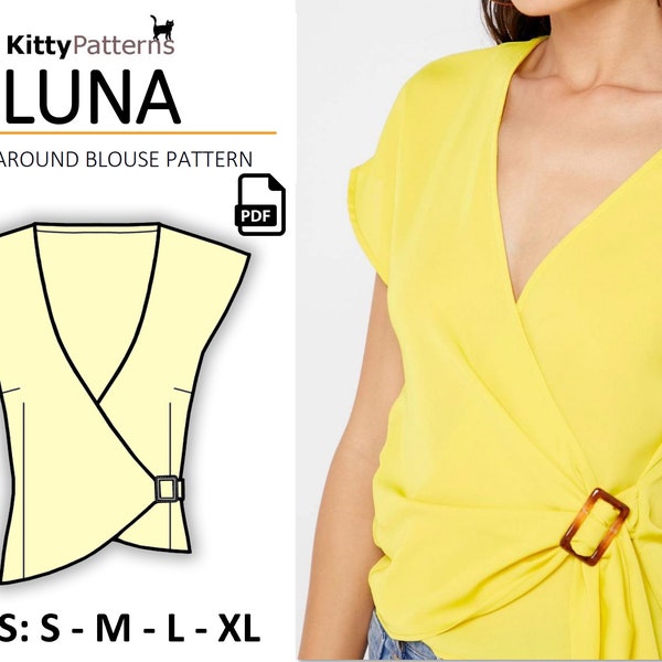 LUNA - Wrap Top Pattern For Woman - S,M,L,XL - V Neck Blouse Pattern Pdf - Wrap Shirt Pattern