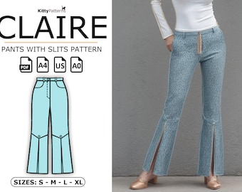 Wide Leg Slit Pants Sewing Pattern: Women's Trousers (PDF)
