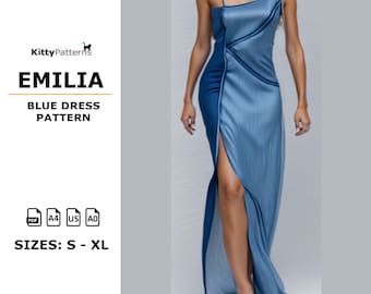 Blue Satin Dress Sewing Pattern: EMILIA - S, M, L, XL (PDF)