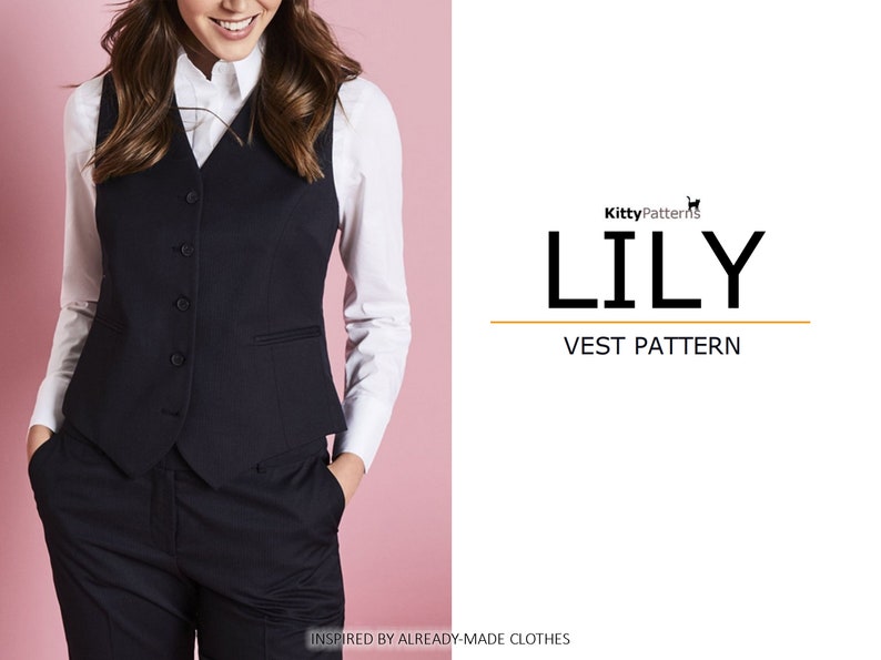May include: A black vest with a white button-up shirt and black pants. The text "KittyPatterns" and "LILY VEST PATTERN" is on a white background.