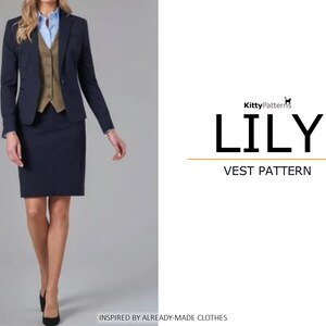 May include: A woman wearing a navy blue blazer, a brown vest, a white shirt, and a navy blue skirt. The text "KittyPatterns" and "LILY VEST PATTERN" is on the right side of the image.