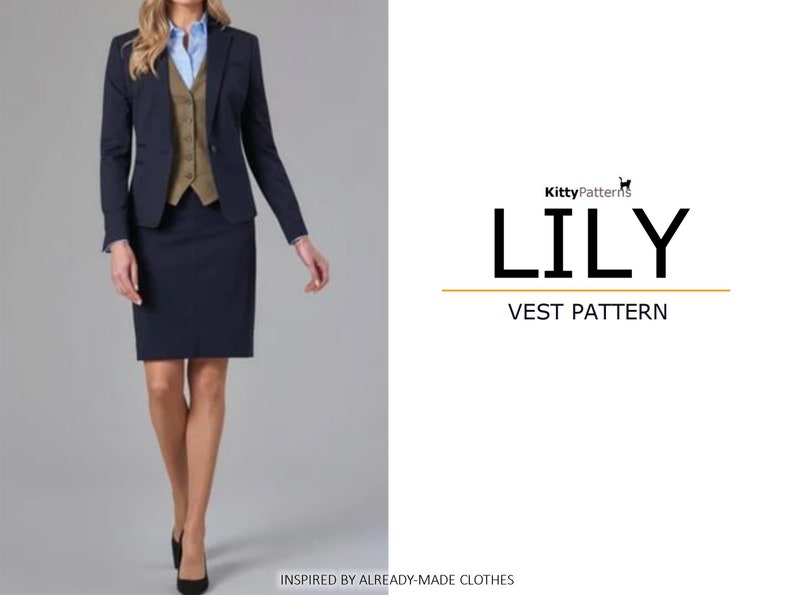 May include: A woman wearing a navy blue blazer, a brown vest, a white shirt, and a navy blue skirt. The text "KittyPatterns" and "LILY VEST PATTERN" is on the right side of the image.