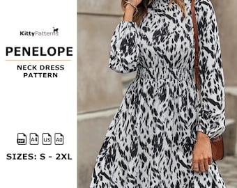High Neck Long Sleeve Dress Sewing Pattern (PDF Pattern)
