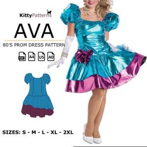 Peut inclure: Un patron de robe de bal des années 80, de couleur turquoise et magenta, avec le nom "AVA" et le texte "80'S PROM DRESS PATTERN". La robe a un aspect brillant et métallique. Le patron comprend les tailles S-2XL.