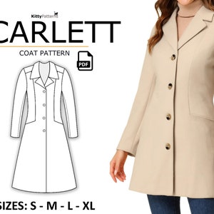 Op de afbeelding: Een digitale illustratie van een patroon voor een damesjas, met een beige jas gedragen door een model aan de rechterkant van de afbeelding. Het patroon is gelabeld "Scarlett Coat Pattern" en omvat de maten S-M-L-XL. De tekst "PDF" is ook in de afbeelding opgenomen.