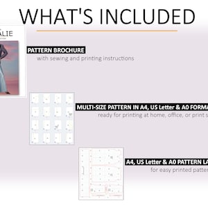 May include: A digital download for a sewing pattern called "Natalie" includes a pattern brochure with sewing and printing instructions, a multi-size pattern in A4, US Letter, and A0 formats, and A4, US Letter, and A0 pattern layouts for easy printed pattern assembly.