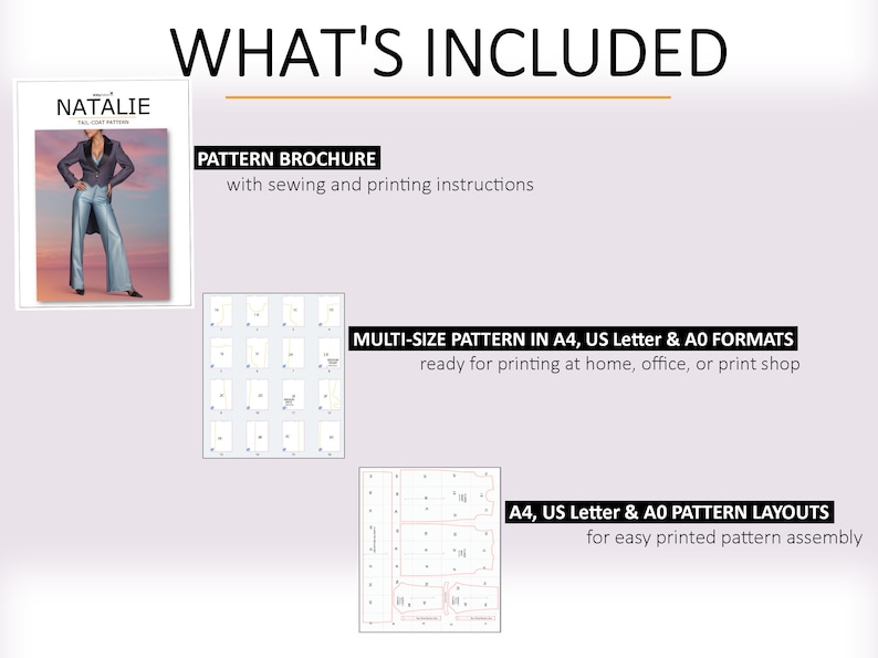 May include: A digital download for a sewing pattern called "Natalie" includes a pattern brochure with sewing and printing instructions, a multi-size pattern in A4, US Letter, and A0 formats, and A4, US Letter, and A0 pattern layouts for easy printed pattern assembly.