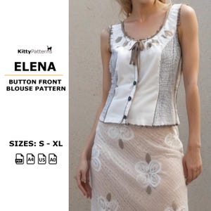 ELENA - Button Front Blouse Pattern [S,M,L,XL] - Easy Shirt Pattern Sewing - Sleeveless Top Pattern Pdf