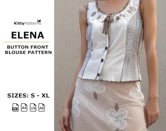 Elena Blouse Sewing Pattern: Button Front Sleeveless Top (PDF Pattern)