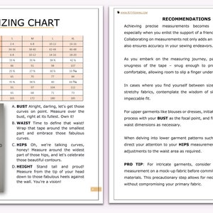 May include: A sizing chart for clothing with a diagram of a woman's body showing bust, waist, hips, and height measurements. The chart includes measurements in inches and centimetres for sizes S, M, L, and XL.
