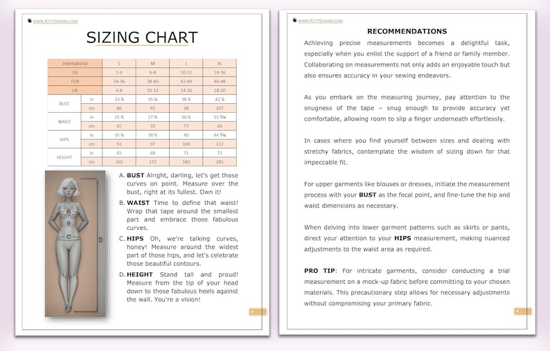 May include: A sizing chart for clothing with a diagram of a woman's body showing bust, waist, hips, and height measurements. The chart includes measurements in inches and centimetres for sizes S, M, L, and XL.