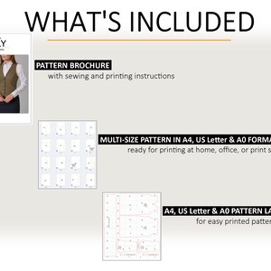 May include: A digital sewing pattern for a vest, called "Lily", includes a pattern brochure with sewing and printing instructions, a multi-size pattern in A4, US Letter, and AO formats, and A4, US Letter, and AO pattern layouts for easy printed pattern assembly.