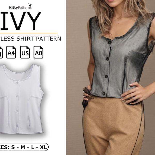 IVY - Sleeveless Blouse Pattern [S,M,L,XL] - Easy Shirt Pattern Sewing - Sleeveless Top Pattern Pdf