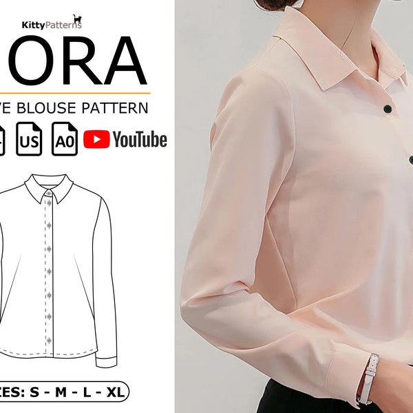 NORA - Patron de chemisier à manches longues [S, M, L, XL] - Patrons de couture PDF - Patron de chemisier pour femme - Couture de patron de haut - Tutoriel vidéo