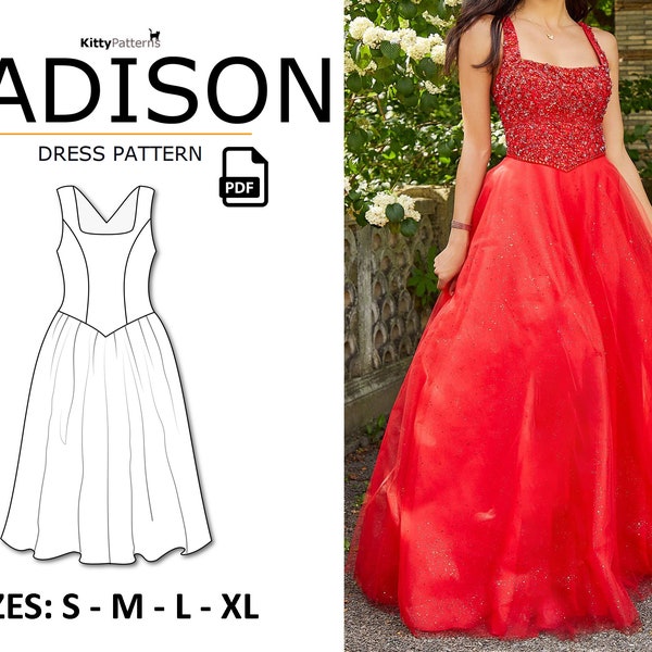 MADISON - Formal Dress Pattern [S,M,L,XL] -PDF Digital Instant Download - Bridal Gown Pattern - Womens Dress Pattern