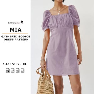 MIA - Gathered Bodice Dress Pattern - S,M,L,XL - Empire Waist Dress PDF - Gathered Bust Sewing Pattern - Womens Dress Pattern Download